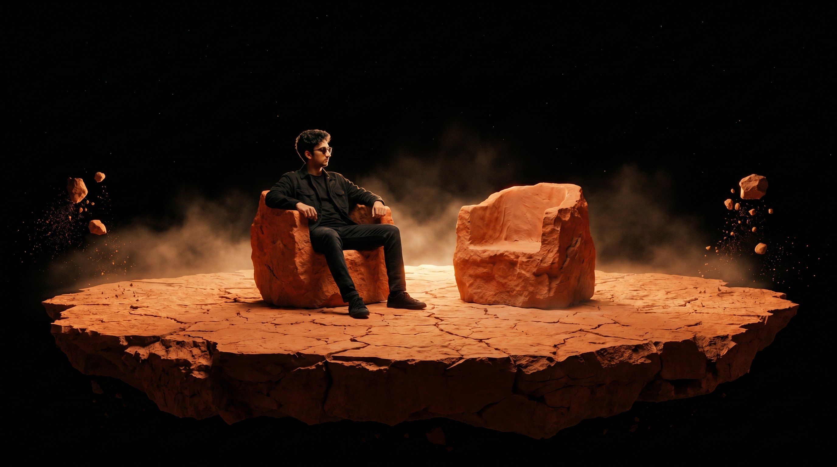 Kevin Adams seated across from an empty rock seat on a floating Martian slab